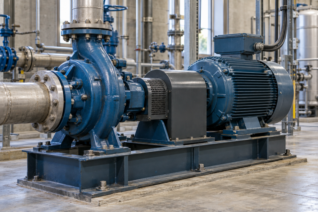 Industrial pump coupled to an electric motor in a mechanical room.